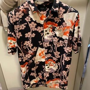 ROLLA'S Men's Floral/Koi Print Shirt - Black and Orange - Size Medium